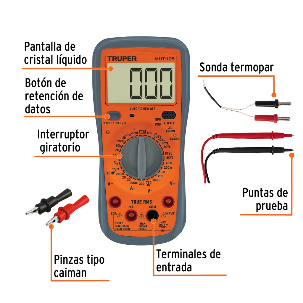 Multitéster Digital para Mant. Automotriz con RMS Verdadero, TRUPER 10403