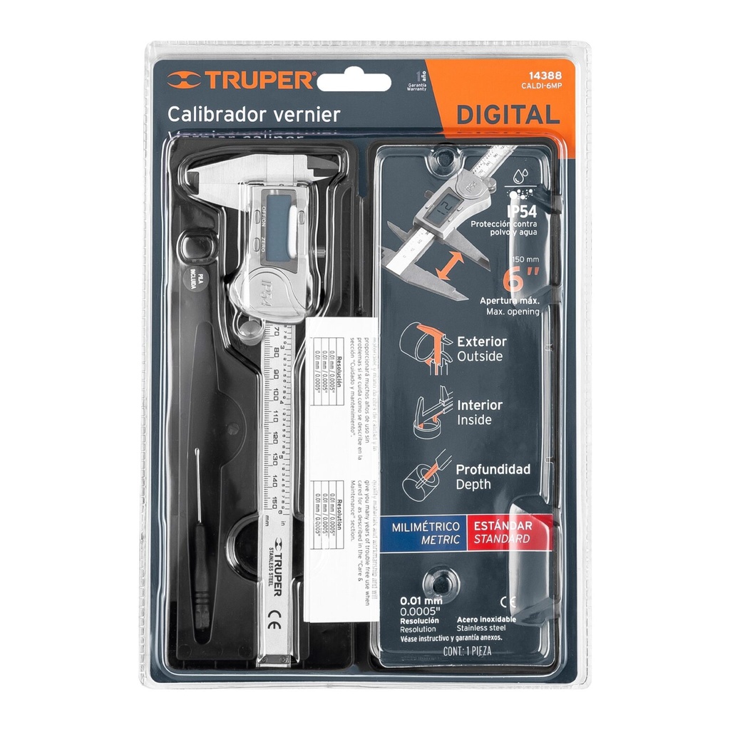 CALDI-6MP Calibrador Digital 6" Acero Inox, Std y mm, TRUPER