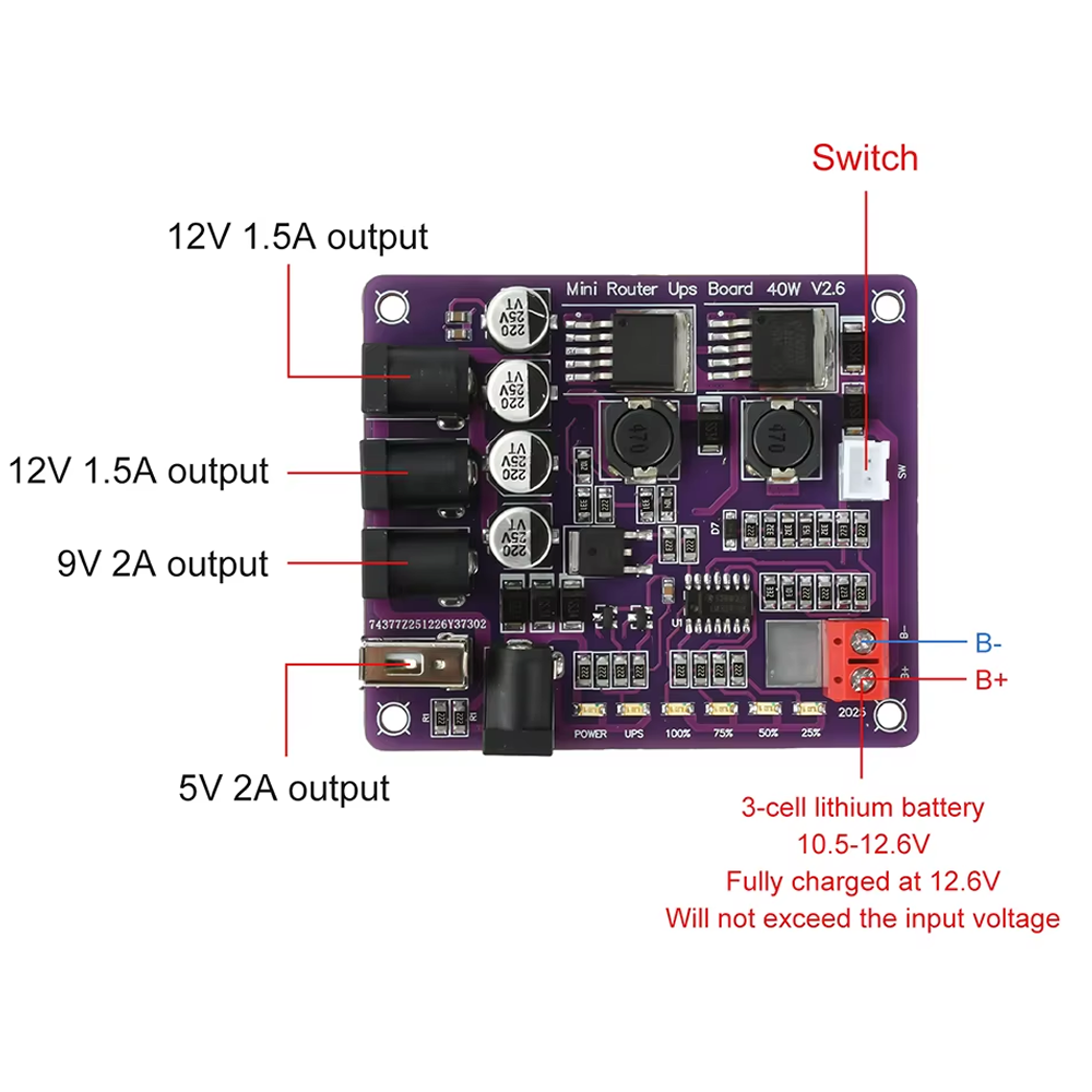 Mini UPS DC 40W, Modulo de Respaldo 11.1V, 4 Salidas DC y Puerto USB