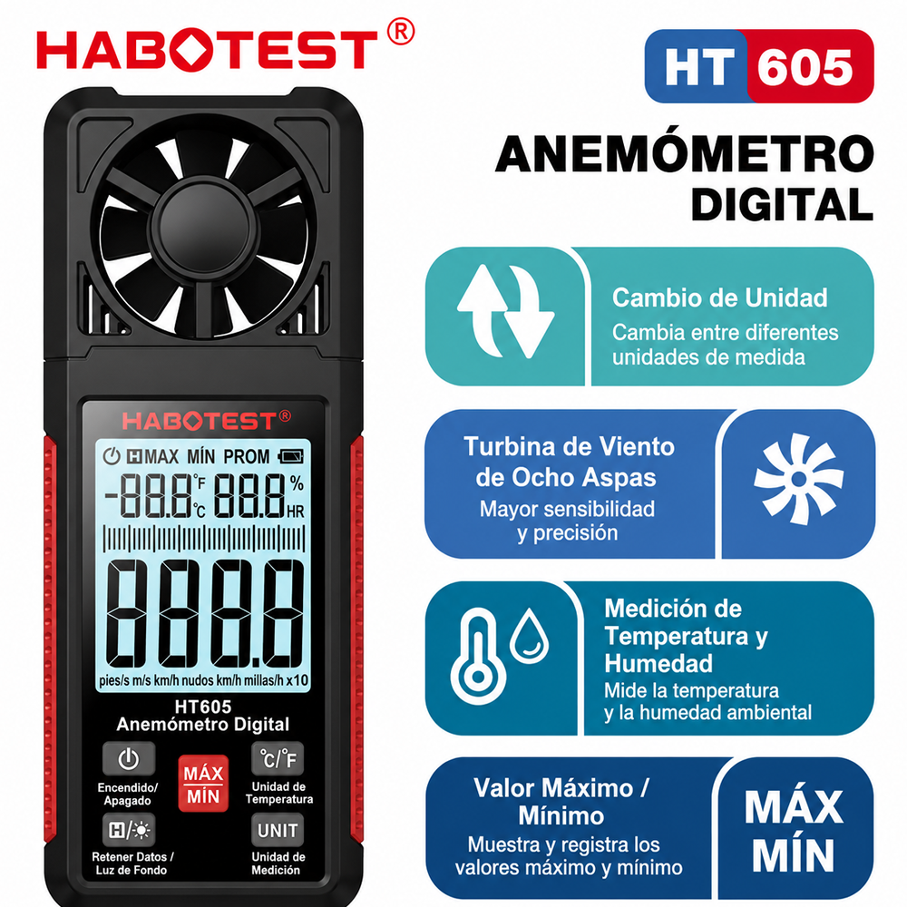 HT605 Anemometro Digital, con Temperatura y Humedad HABOTEST 