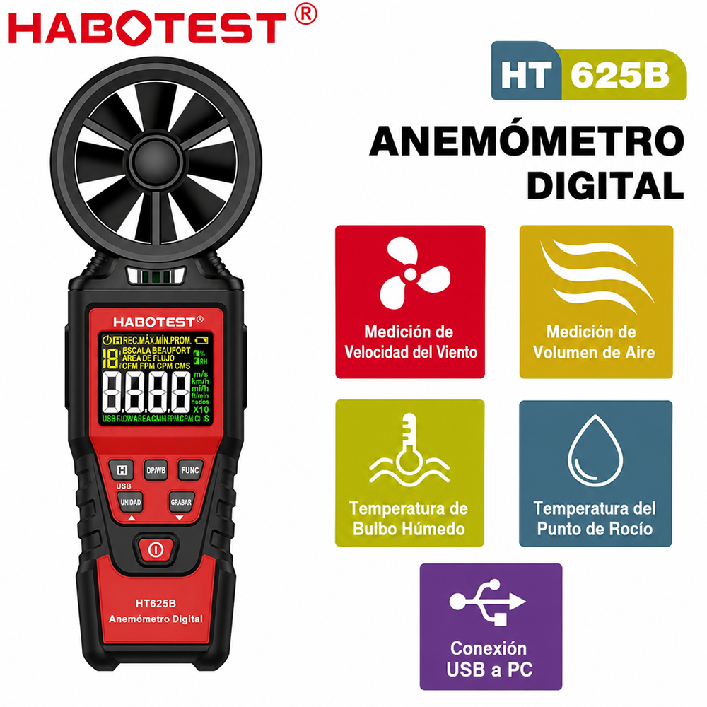HT625B Anemometro Digital, Medidor de Velocidad del Viento HABOTEST USB 