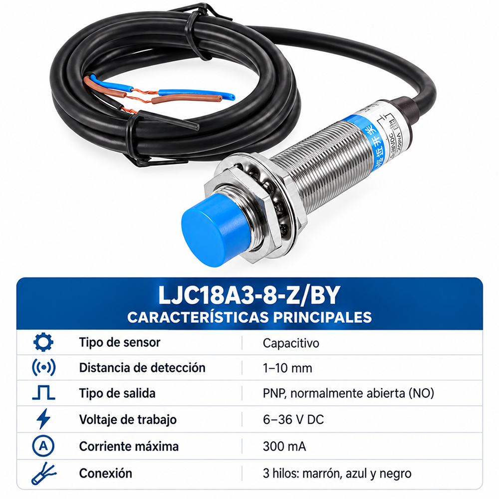 Sensor de Proximidad Capacitivo de 3 cables. Rosca: M18. Salida PNP N.O. 6-36VDC - Materiales ferrosos y no ferrosos.