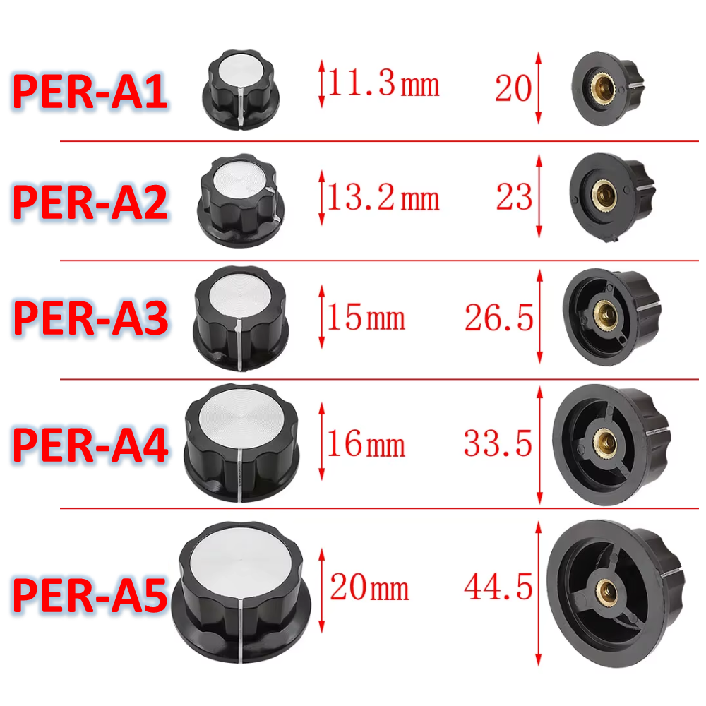 Perilla Plastica para Potenciometros de Eje de 6.3mm. Dimensiones: 44x20mm