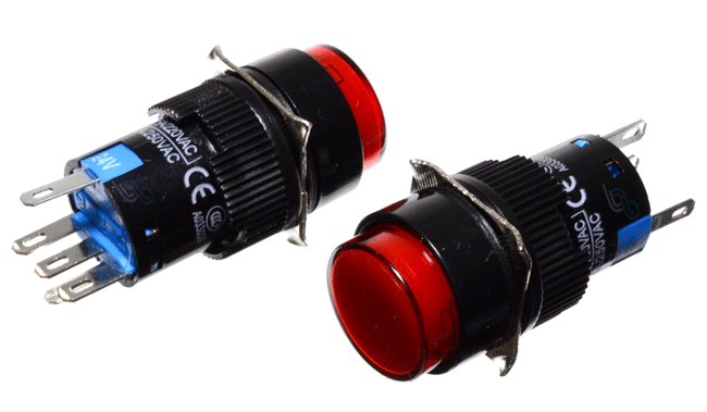 Switch Pulsador con Enclave SPDT (Abierto y Cerrado) con Luz LED 24VDC. Agujero para Montaje 16mm de 5 Pines.