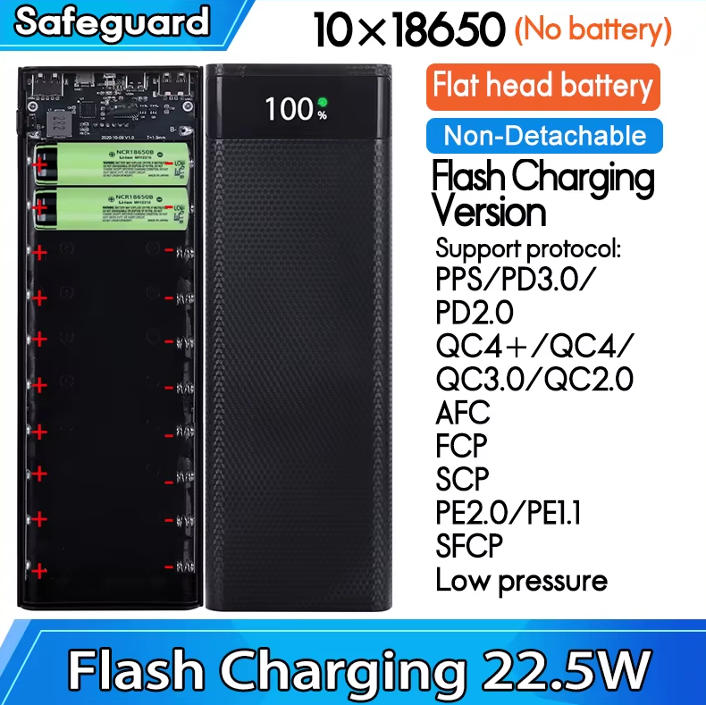 Case para 10 Batería 18650 USB C, 5V, 22.5W El. Fr.
