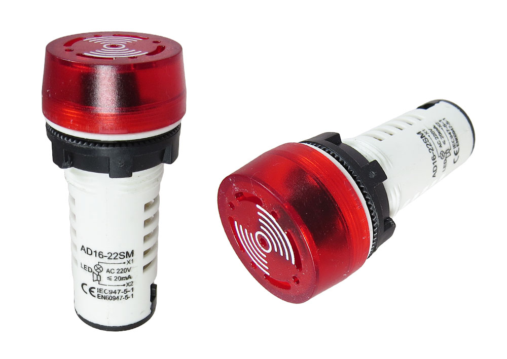 Buzzer Piezo Electrico Activo AD16-22SM de 220VAC de 22mm con Luz Sonido Intermitente