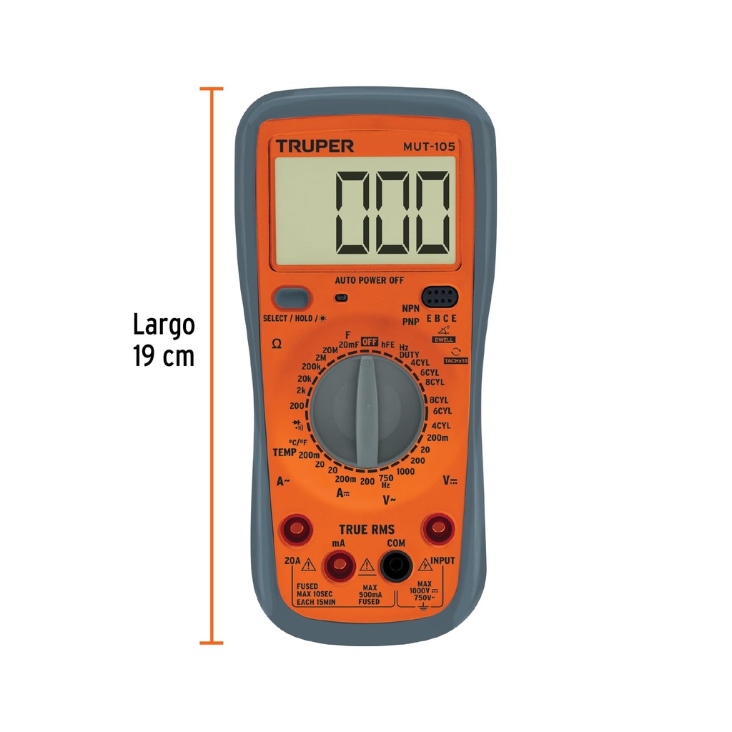 MUT-105 Multitester Digital para Mant. Automotriz con RMS Verdadero, TRUPER 10403