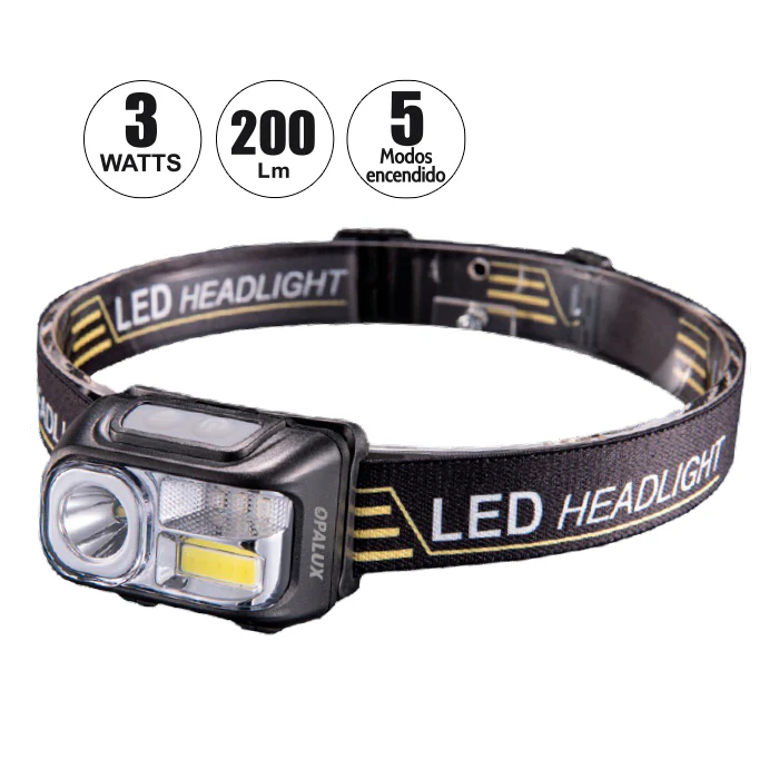 Linterna Frontal Recargable 3W "OPALUX" 200Lm, 5 Modos