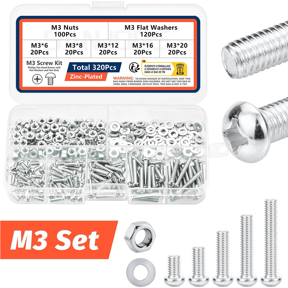 Kit Surtido de Tornillos y Tuercas M3 320pcs  Cabezales Phillips para Impresora 3D 