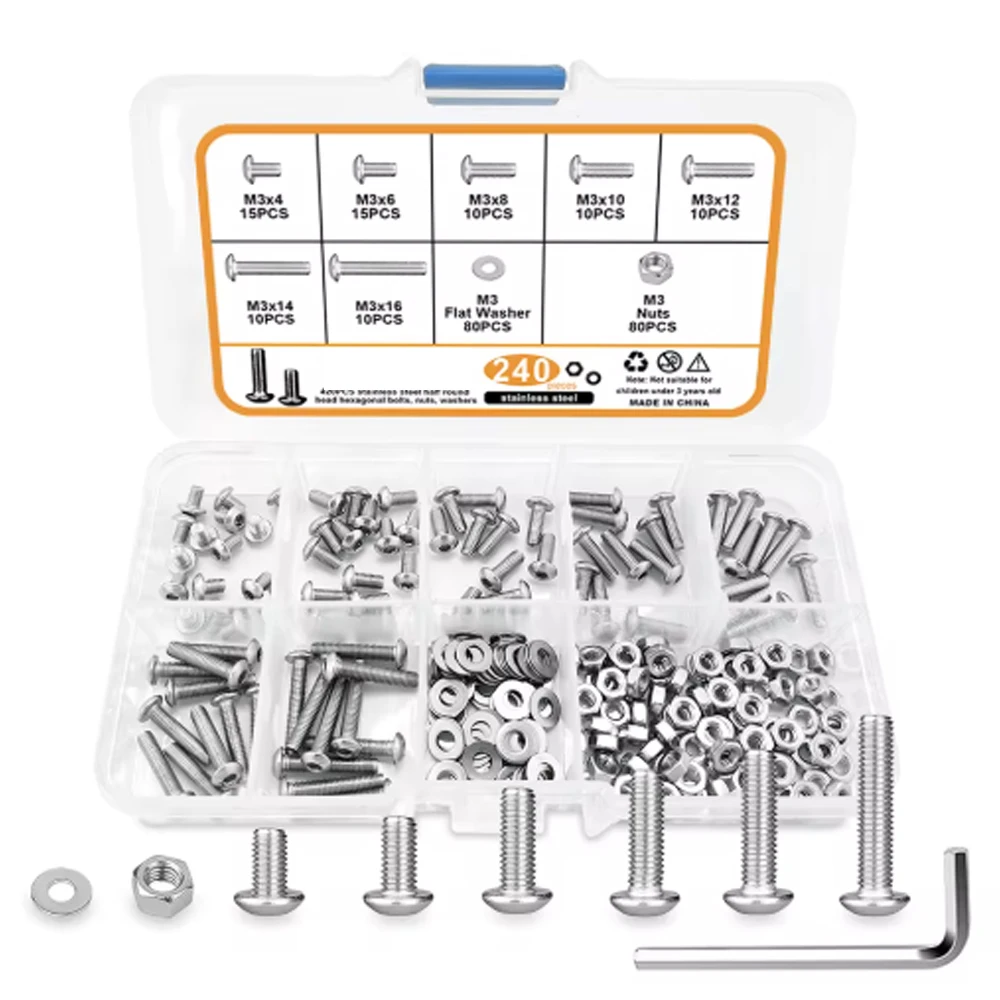 Kit Surtido de Tornillos Acero Allen Hexagonal Cabeza Plana M3 240 Uds