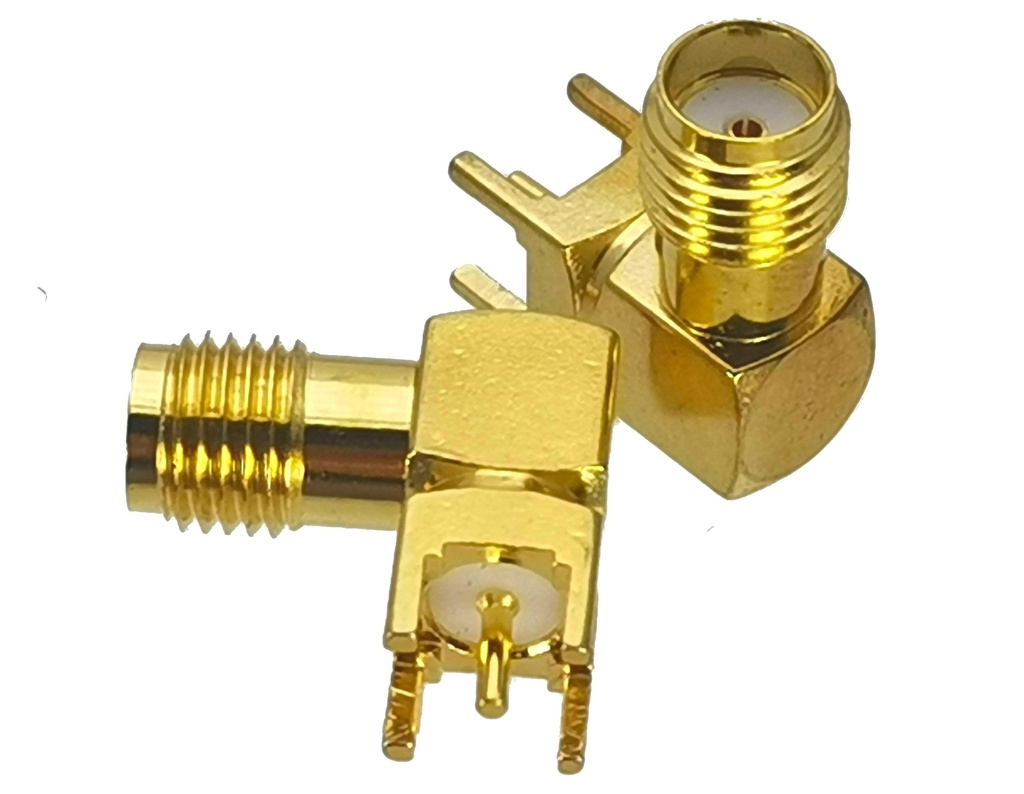 Conector SMA Hembra en ángulo para montaje en Placa Impresa. Versión corta Montaje TH