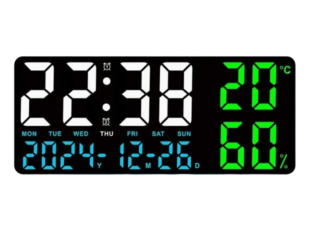 Reloj Display Indicador de Hora/Fecha, Temperatura y Humedad, Despertador Termometro Higrómetro, 35x15x2.8cm