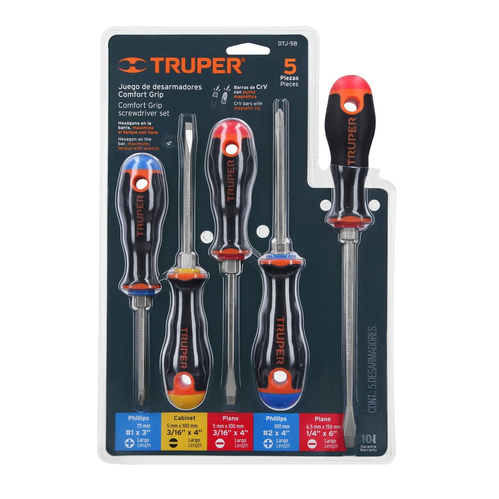 Juego de 5 Desarmadores Mango Confort Grip, Truper 14138