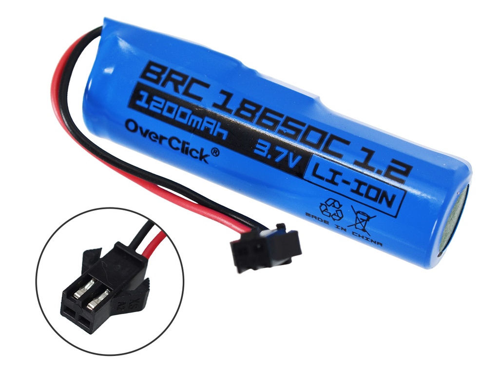 Bateria Recargable 18650 Li-Ion 3.7V. 1200mAH 65x18mm c/ Cable y Protector de 3A.
