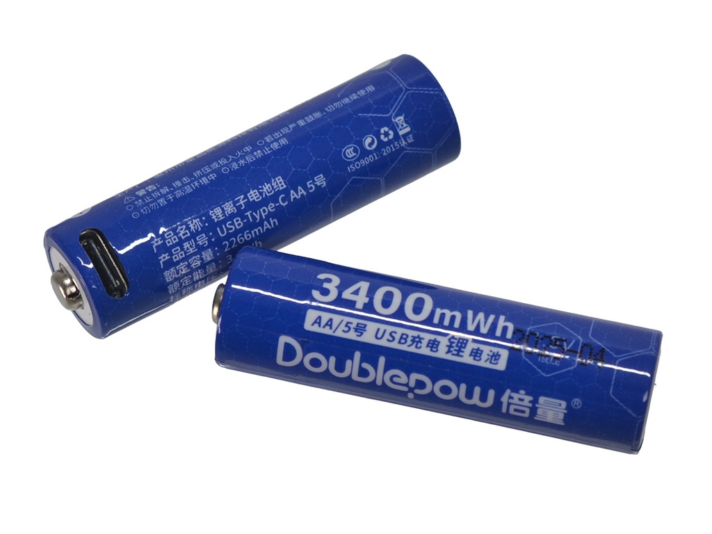 Pack de 2 Baterías de Litio AA 1.5V 3400mWh, Recargable entrada USB tipo C, Doublepow