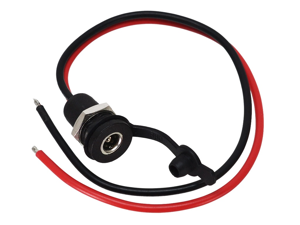 Jack DC Tipo con Cable de 20cm AWG16. Corriente máxima 10 Amperios con Protección contra Agua