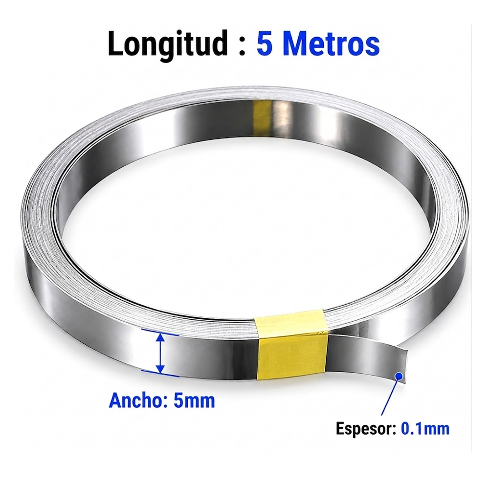 Tira de Acero Niquelada de 0,1mm x 5mm, Largo: 5 metros, para Batería 18650 