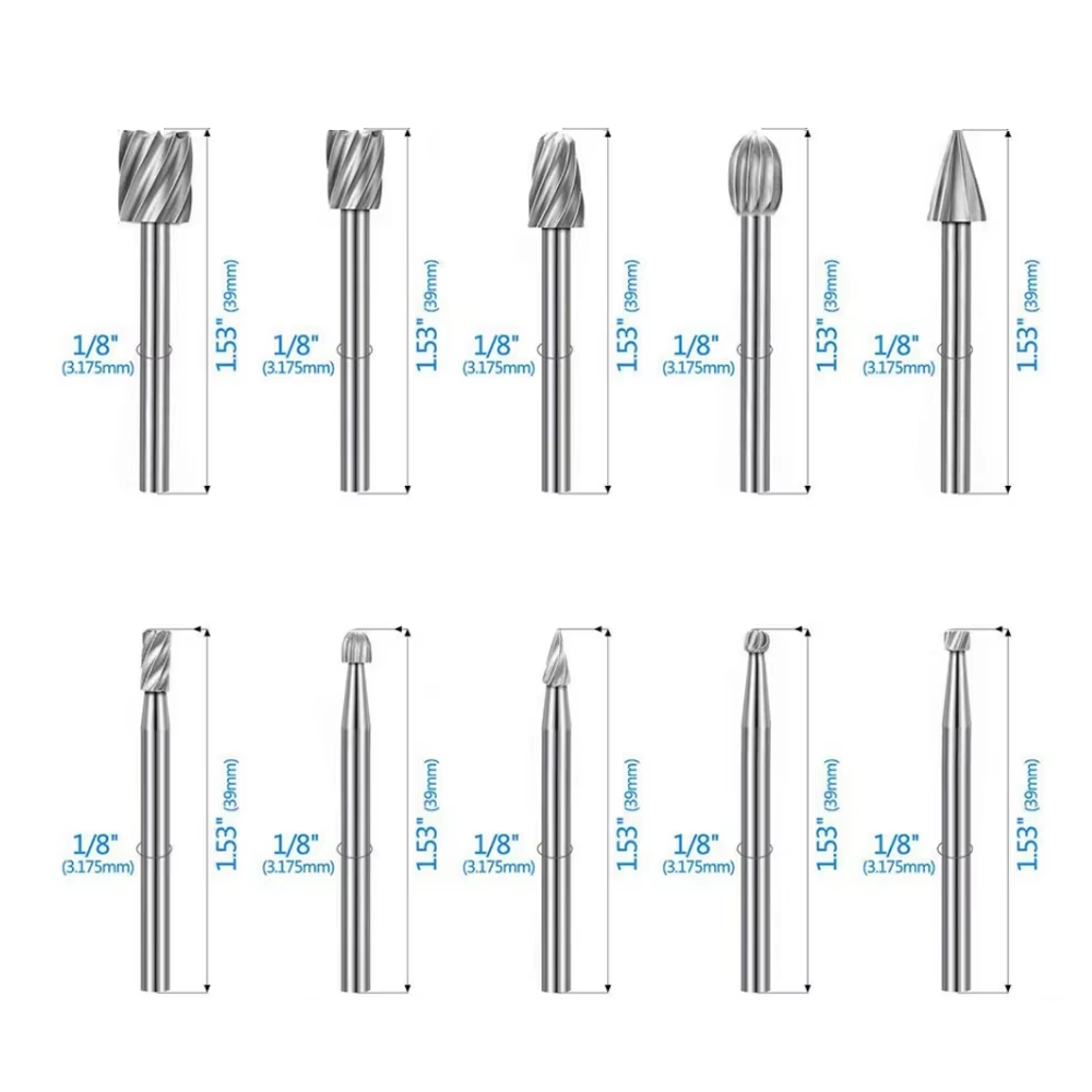 Set 10 Fresas Rotativas HSS para Dremel Grabado y Carpintería Vastago 3.17mm