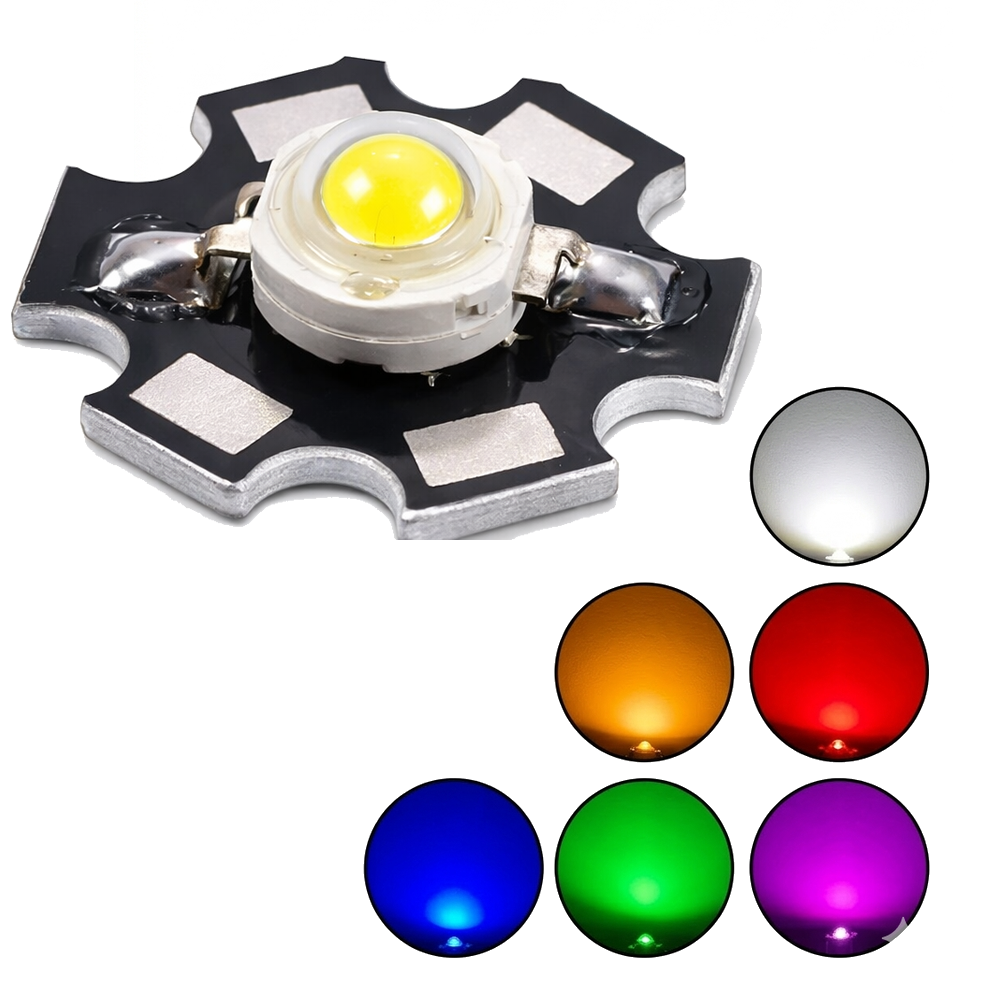 LED de Potencia 3W Tipo Luxeon con Disipador | Hasta 600mA Alto Brillo – Varios Colores