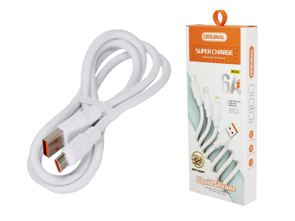 Cable USB A a USB tipo C de 6A Carga Rápida, Longitud 1metro Color Blanco con Empaque