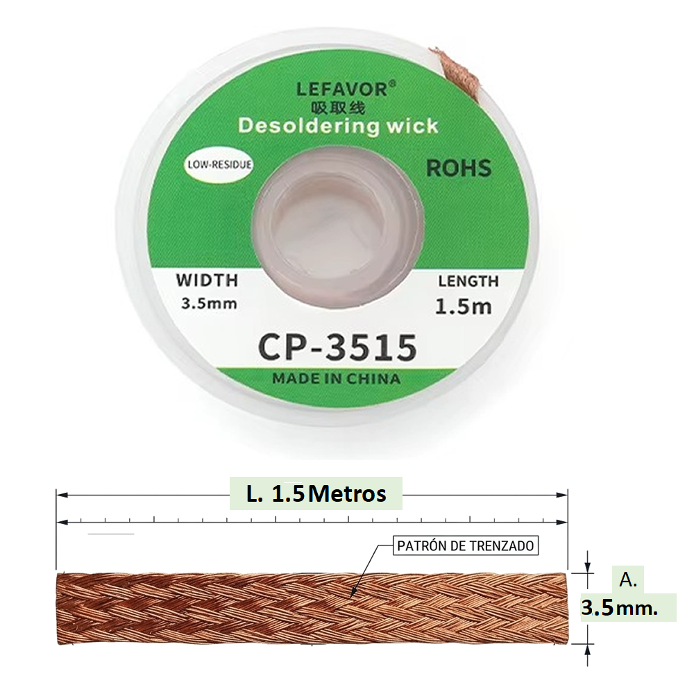 Malla Desoldadora de 3.5mm x 1.5mt. Mecha Desoldadora