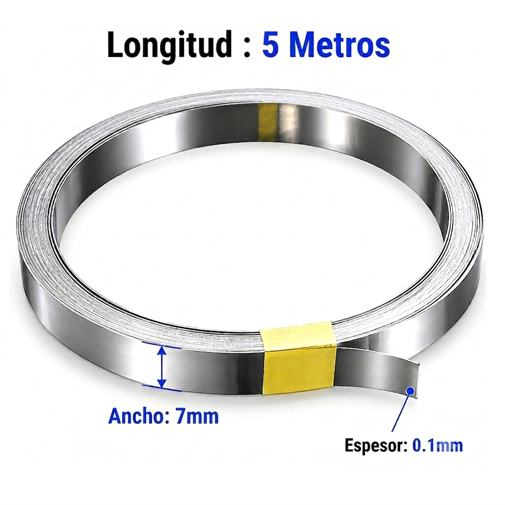 Tira de Acero Niquelada de 0,1mm x 7mm, Largo: 5 metros, para Batería 18650 