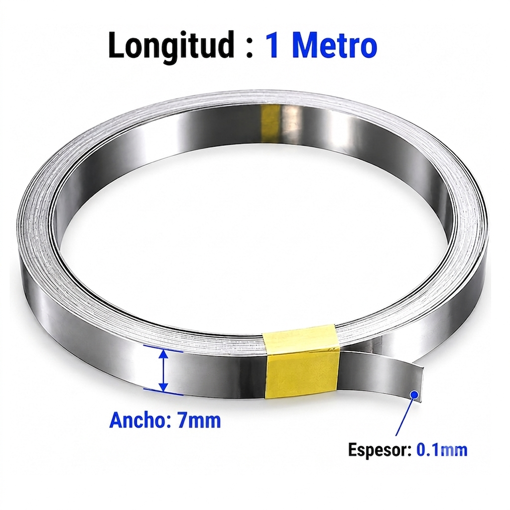 Tira de Acero Niquelada de 0,1mm x 7mm, Largo: 1 metros, para Batería 18650  