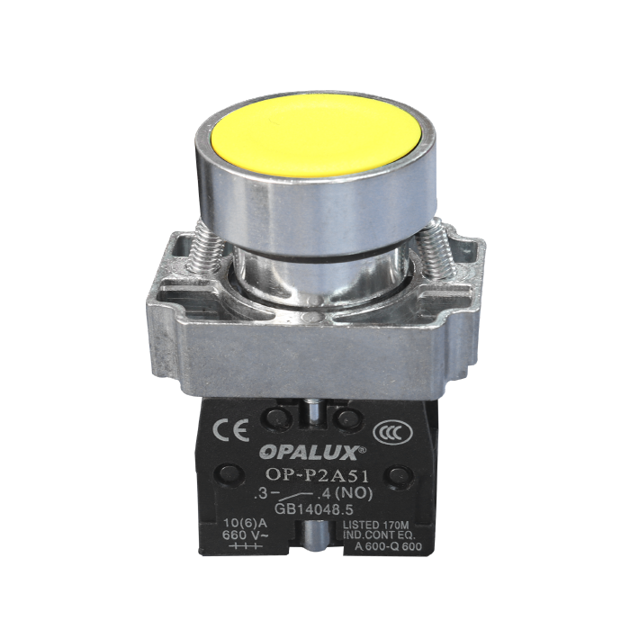 OP-P2A51 Pulsador Industrial Opalux , 10A, 660V, Contacto NO Amarillo