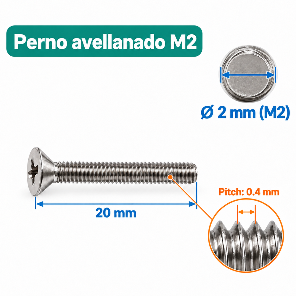 Perno Avellanado Phillips M2 x 20 mm – Paso 0.4 mm