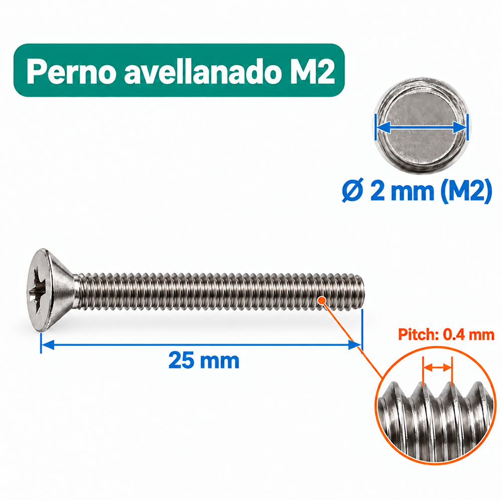 Perno Avellanado Phillips M2 x 25 mm – Paso 0.4 mm 