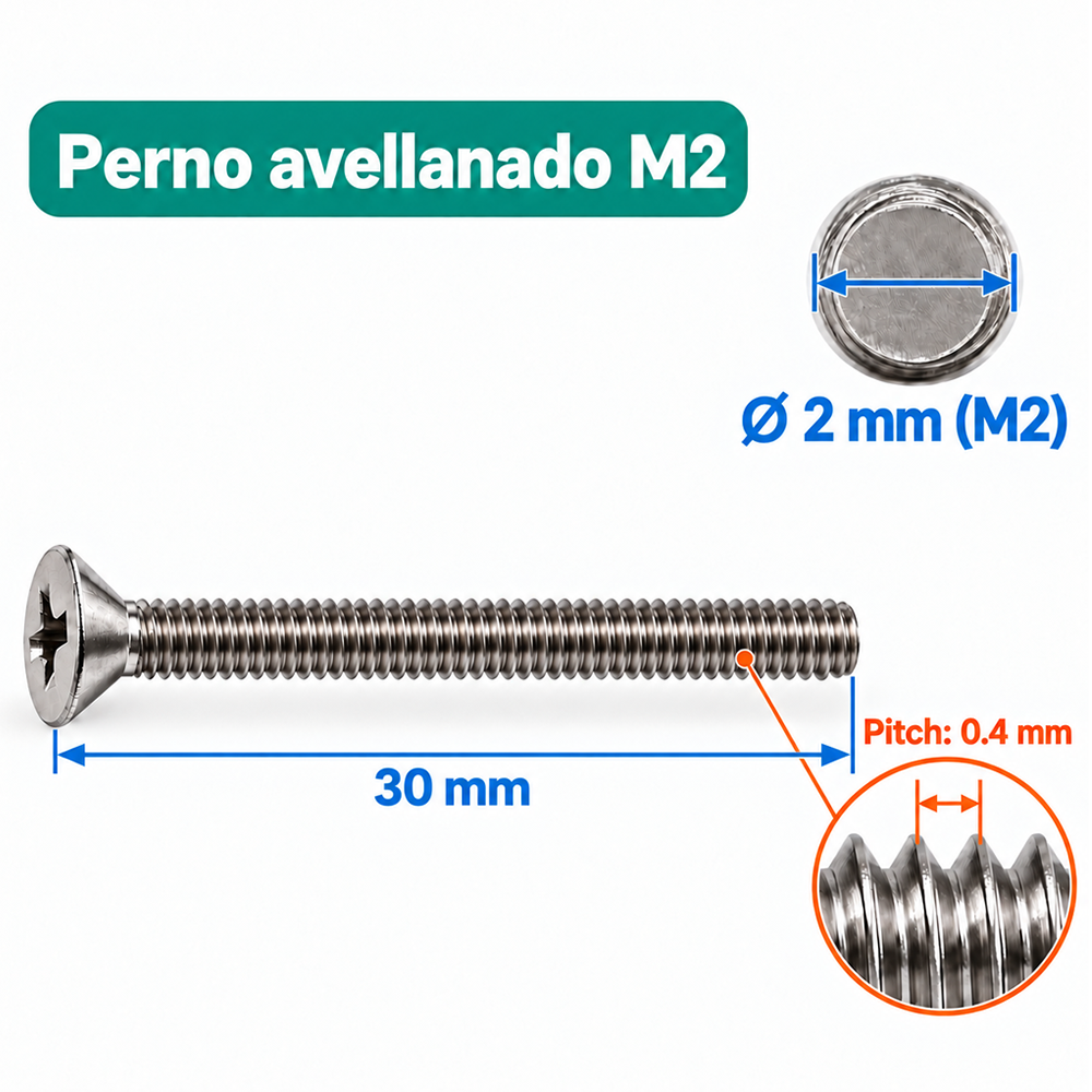 Perno Avellanado Phillips M2 x 30 mm – Paso 0.4 mm 