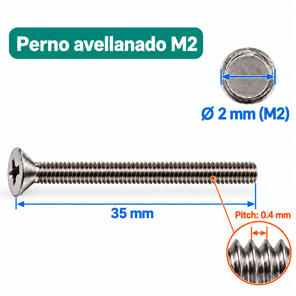 Perno Avellanado Phillips M2 x 35 mm – Paso 0.4 mm 