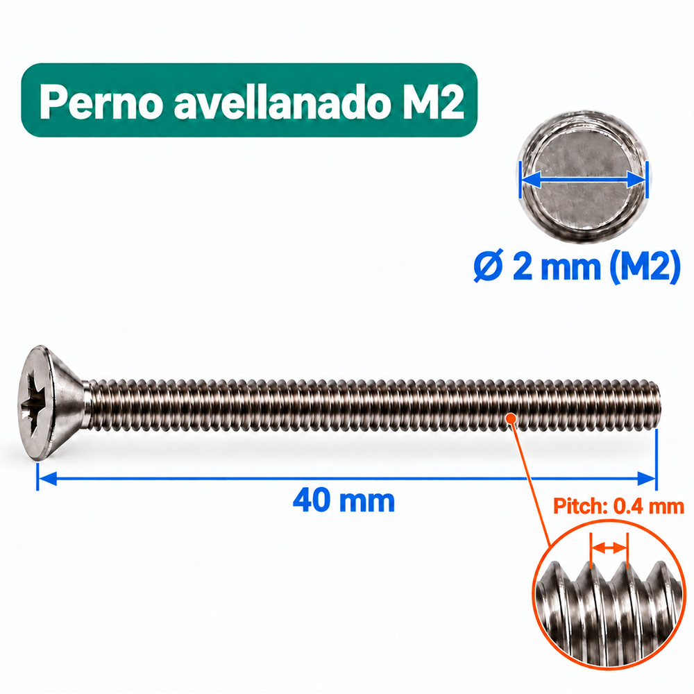 Perno Avellanado Phillips M2 x 40 mm – Paso 0.4 mm 