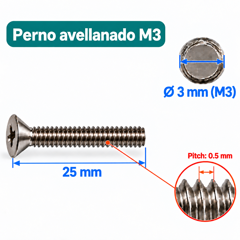 Perno Avellanado Phillips M3 x 25 mm – Paso 0.5 mm 