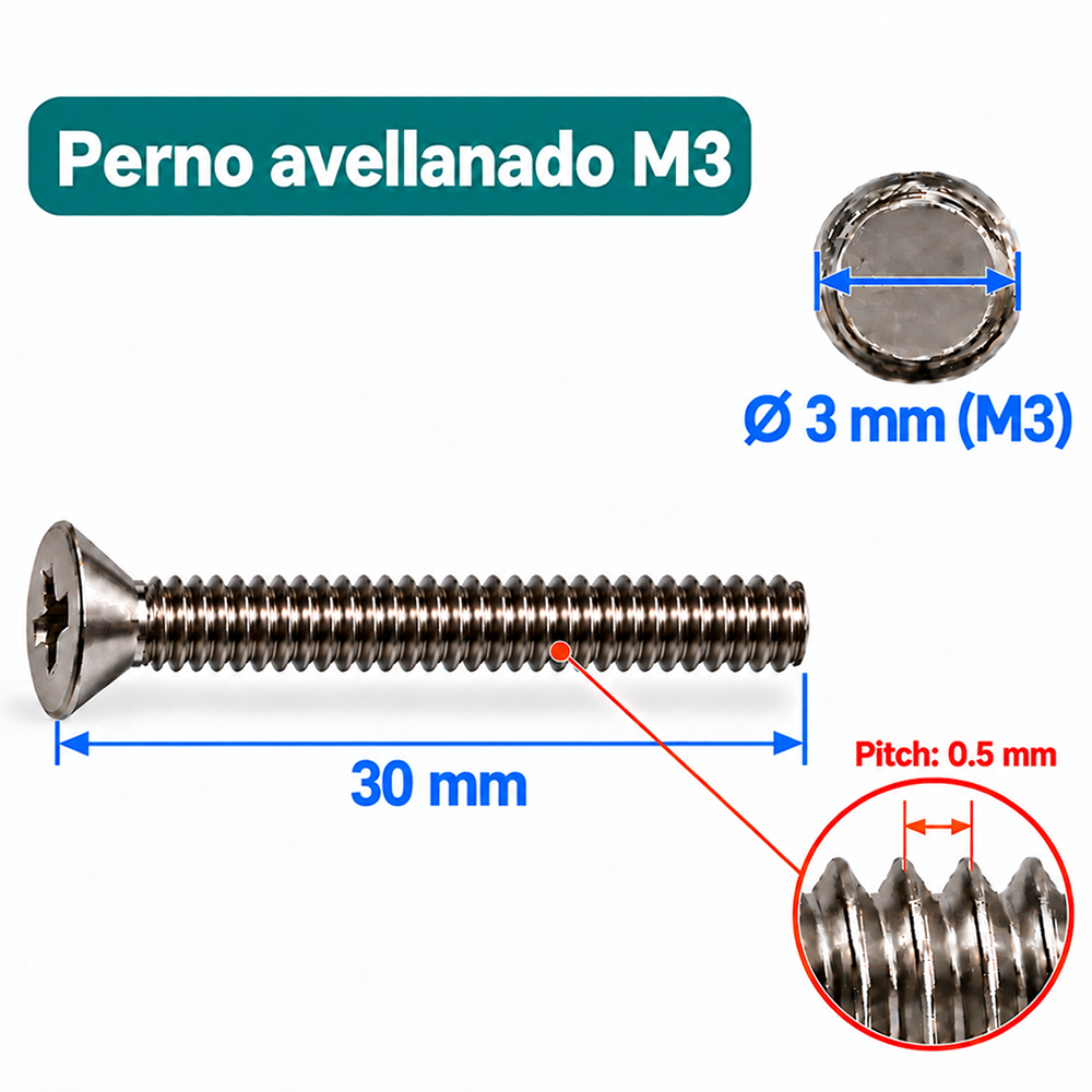 Perno Avellanado Phillips M3 x 30 mm – Paso 0.5 mm