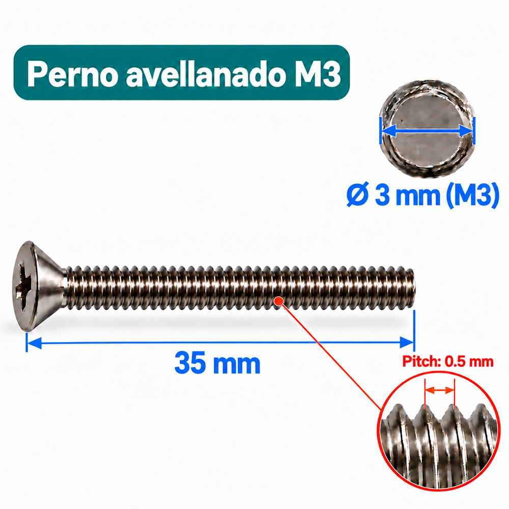Perno Avellanado Phillips M3 x 35 mm – Paso 0.5 mm 