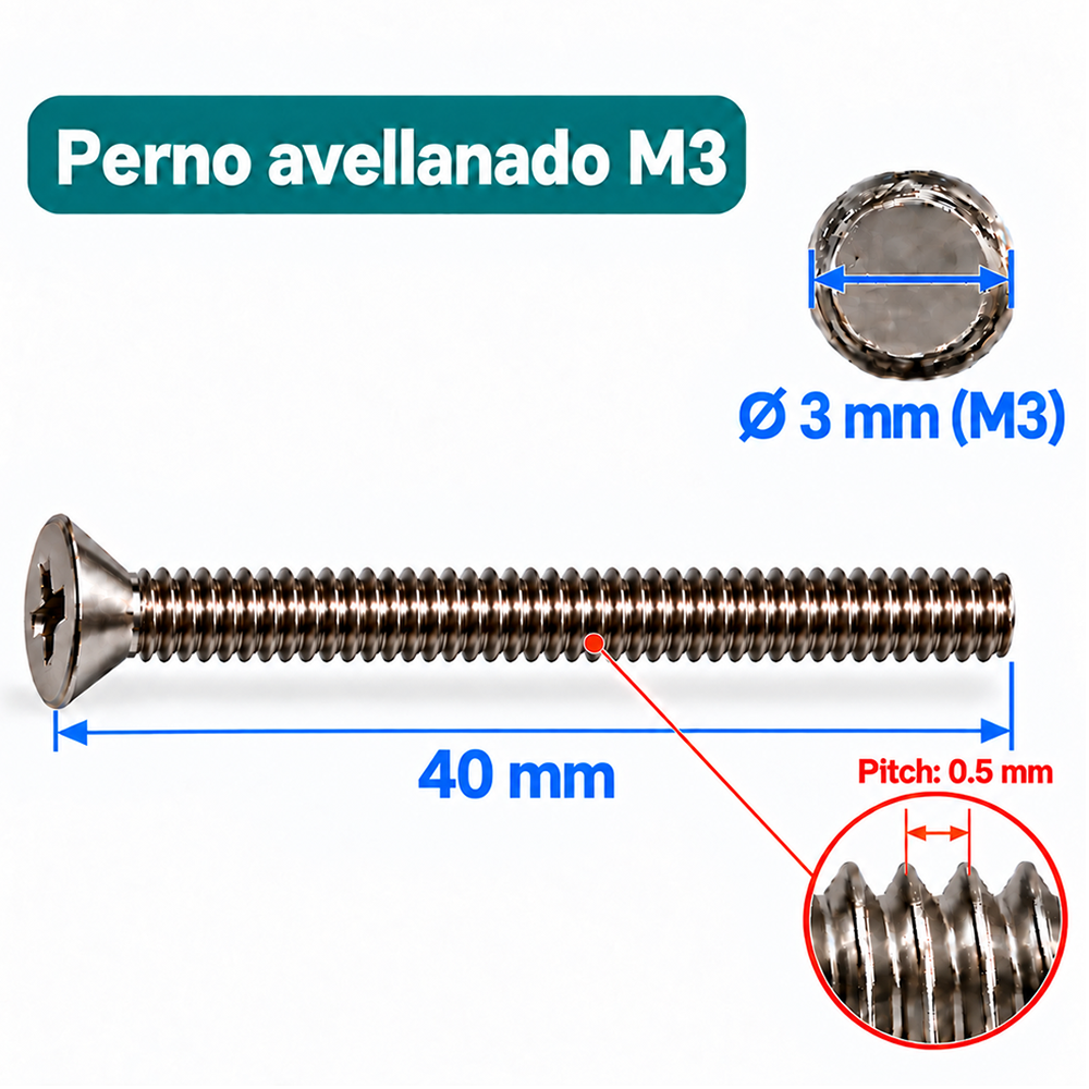 Perno Avellanado Phillips M3 x 40 mm – Paso 0.5 mm 
