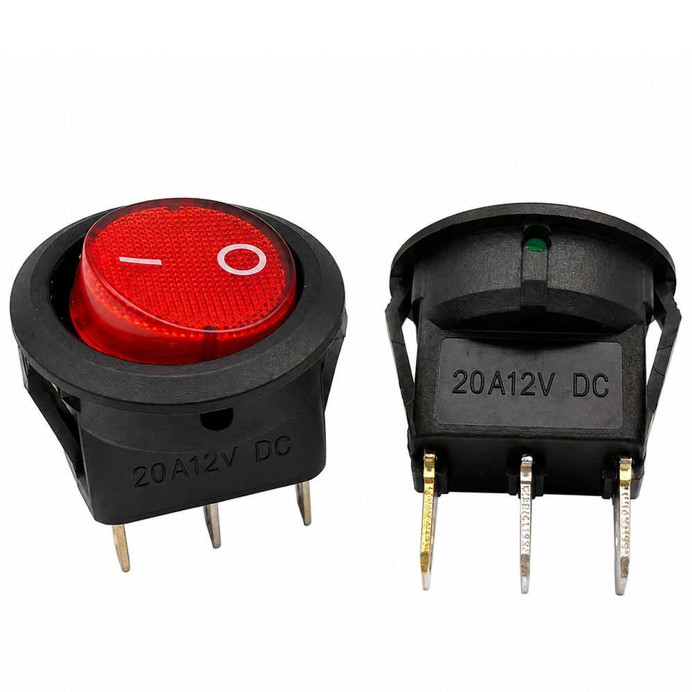 Switch Redondo Balancín ON-OFF 12V DC 20A 3 Pines con LED Rojo