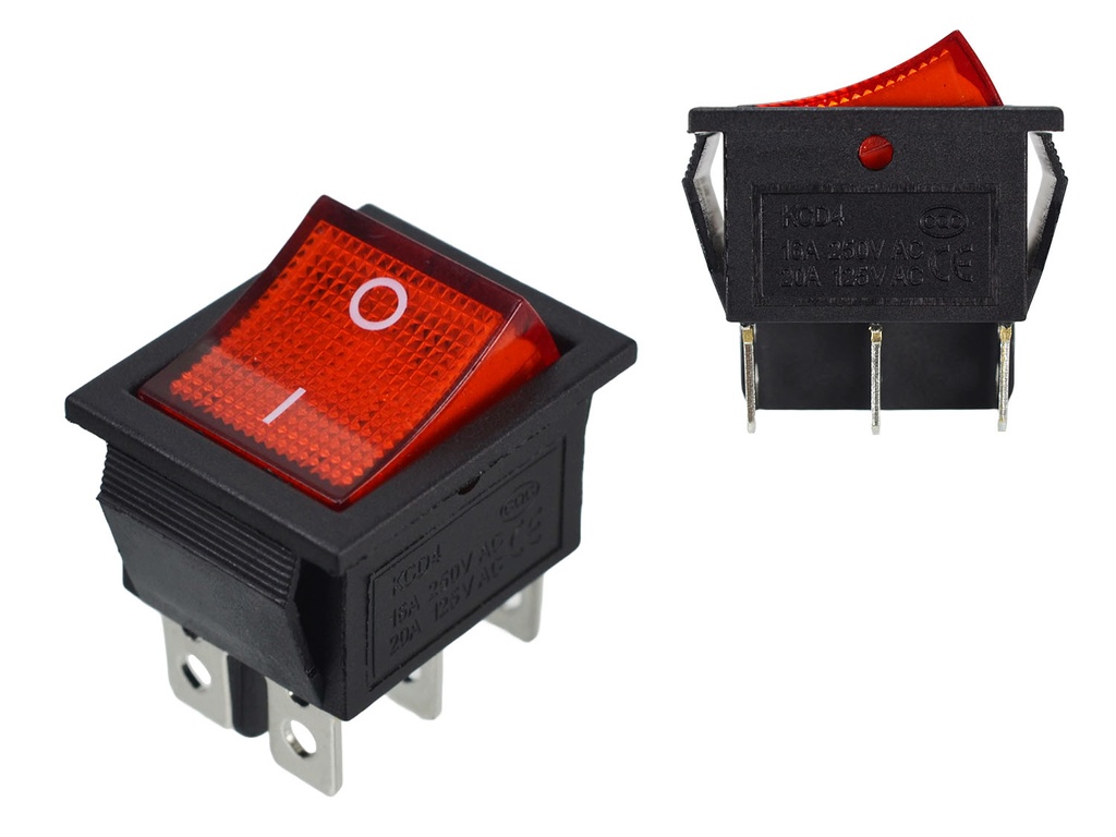 Pulsador con Neón Rojo 250V 16A 6PIN 25X30