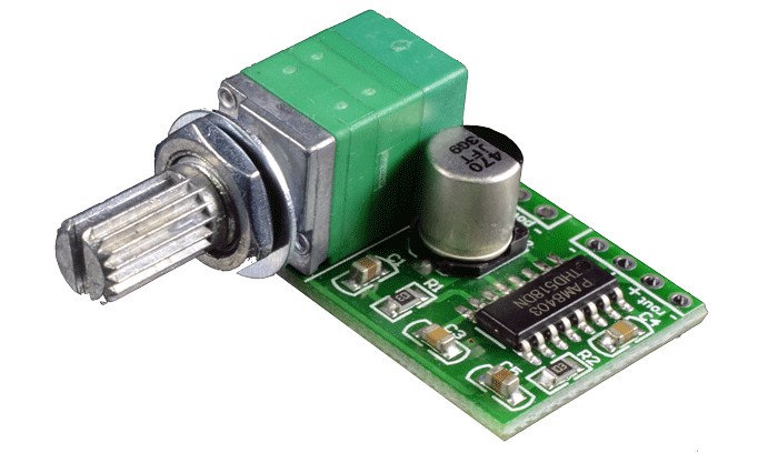 Amplificador 3W+3W Stereo, 5VDC con Control de Volumen