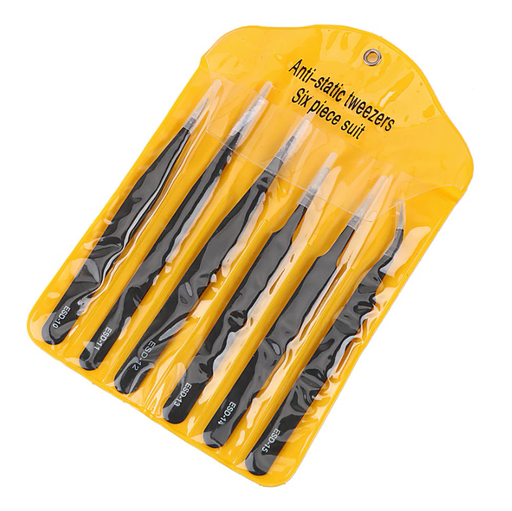 [ESD-6in1] Set de 6 Pinzas Antiestaticas de Acero para Electronica, Estuche