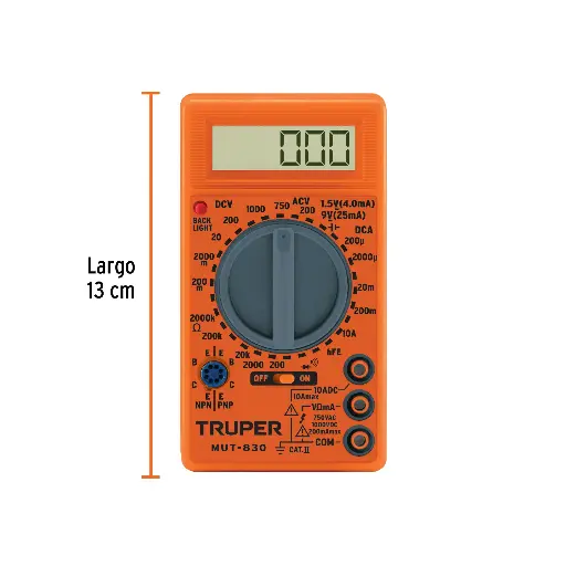 [MUT-830] Multímetro Digital TRUPER, Pantalla LCD con Luz, Funciones Básicas