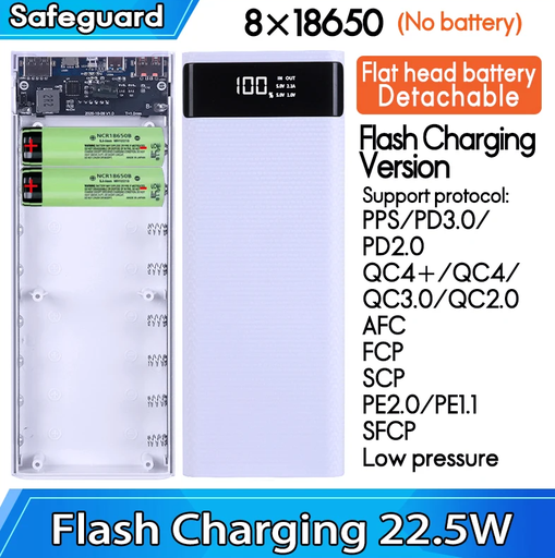 [CASE8-22.5W] Case para 8 Batería 18650 USB C, 5V, 22.5W El. Fr.