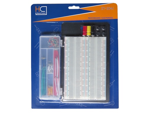 [ZY-204J] Protoboard Doble 1660 Puntos C Base de Metal Cables Jumpers y Bananas 