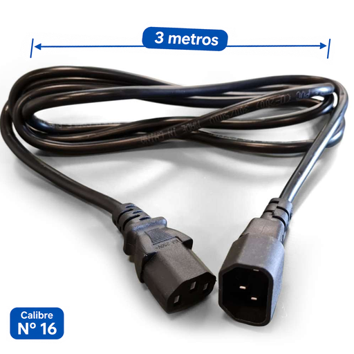 [CP-16UPS-3MT] Cable de Poder C13 a C14, 3x16 3 metros, para PC/Monitor/UPS