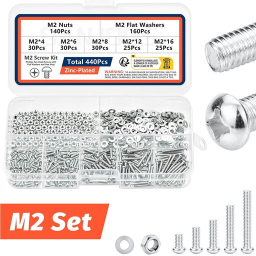 [TOR-M2] Kit Surtido de Tornillos y Tuercas M2 440pcs  Cabezales Phillips para Impresora 3D 