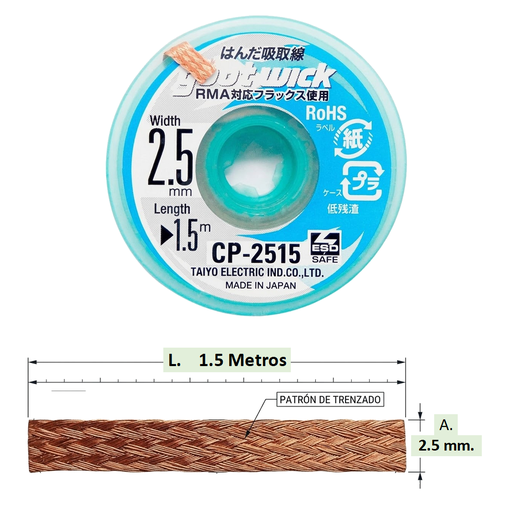 [CP-2515] Malla Desoldadora de 2.5mm x 1.5mt. Mecha Desoldadora SIS