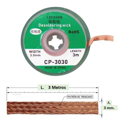 [CP-3030] Malla Desoldadora de 3mm x 3mt. Mecha Desoldadora