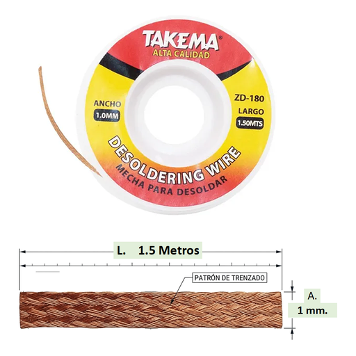 [ZD-180-1.0MM] Malla Desoldadora de 1mm x 1.5mt.  Takema Mecha Desoldadora