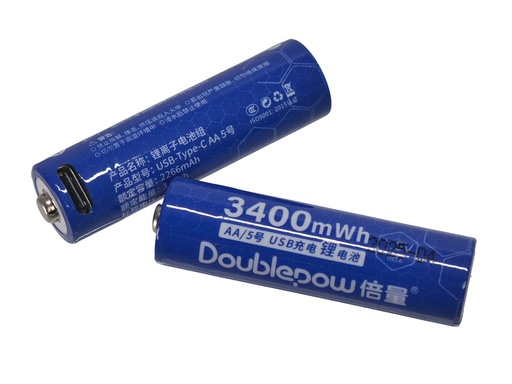[D1V5-AAC] Pack de 2 Baterías de Litio AA 1.5V 3400mWh, Recargable entrada USB tipo C, Doublepow